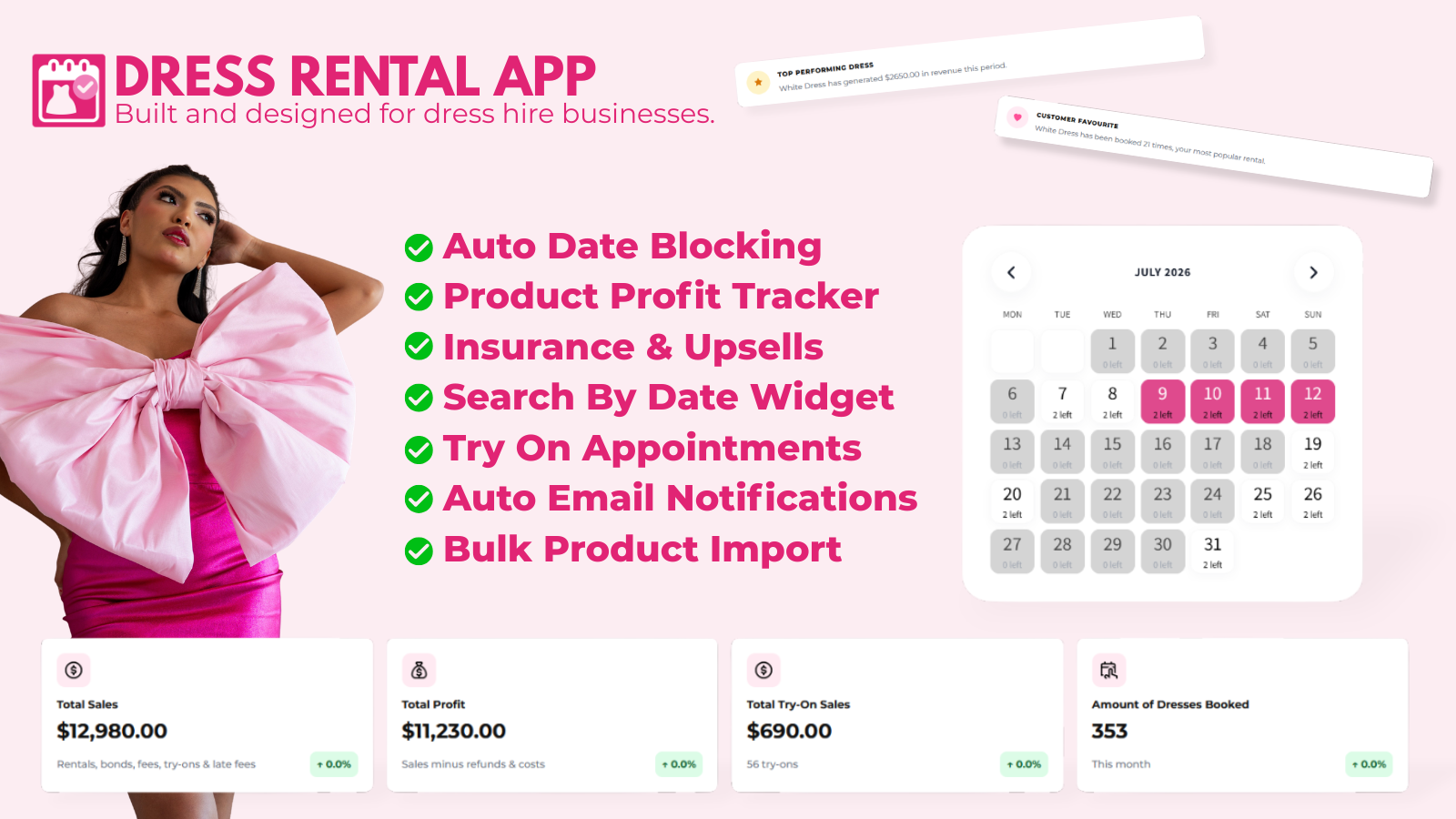 Dress Rental App overview: booking calendar with blocked dates and sales dashboard