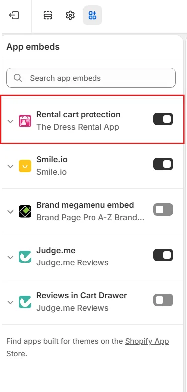 Theme editor App embeds panel with Rental cart protection by The Dress Rental App switched on