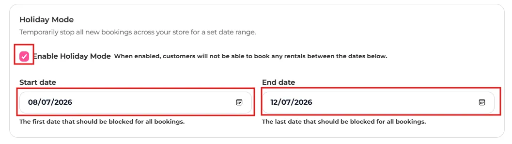 Holiday Mode card with Enable Holiday Mode ticked and start and end dates