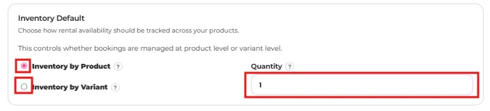Inventory Default card with Inventory by Product selected and Quantity 1