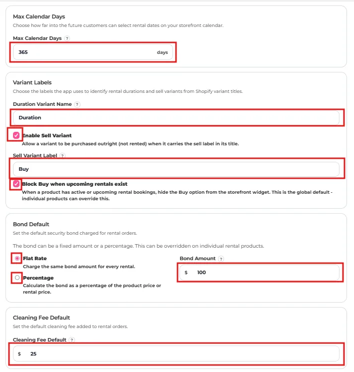 Rental settings showing Max Calendar Days, Variant Labels, Bond Default and Cleaning Fee Default